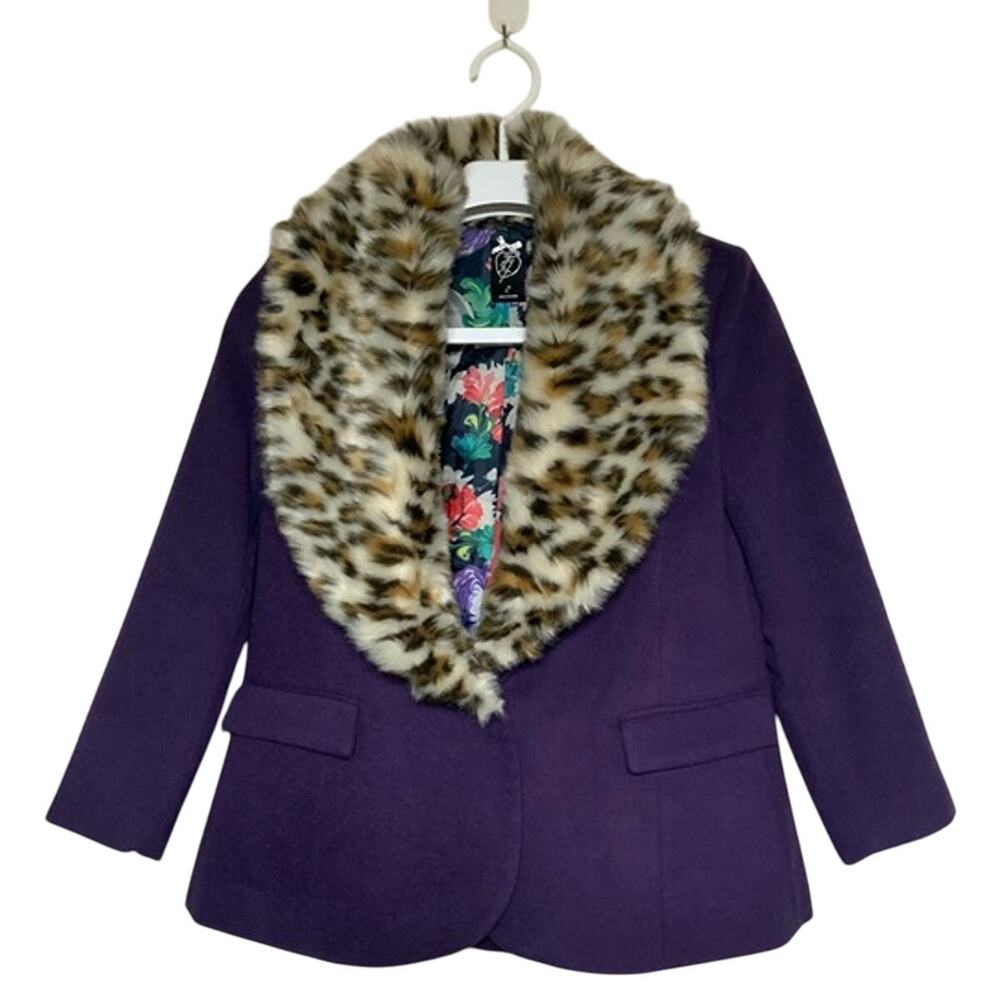 JF Purple Pea Coat/Blazer with Cheetah Print Collar Women's Size S USED